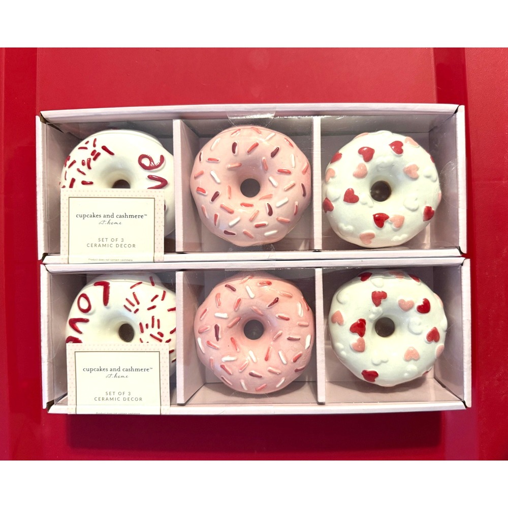 Cupcakes and Cashmere Ceramic Donuts Frosted Sprinkles Hearts Table Decor Set 6